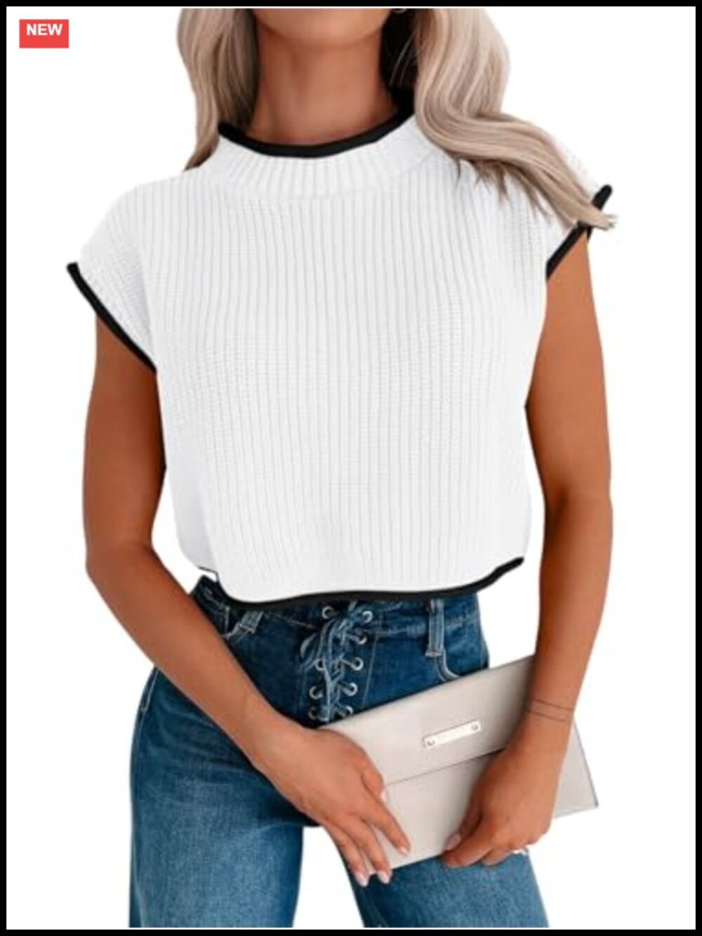 Women's Cap Sleeve Crop Top Sweater Vest Ribbed Knit Sleeveless Mock Neck